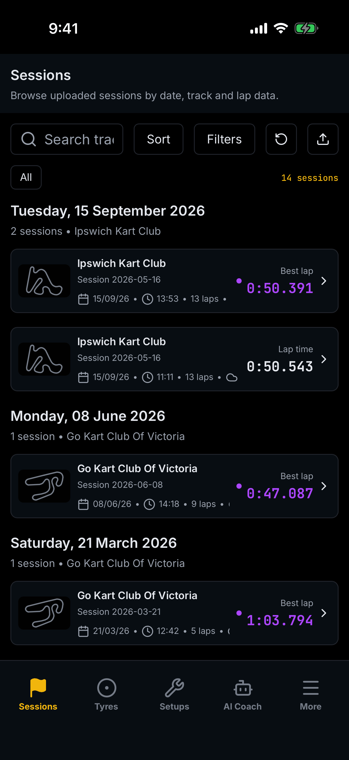 The Apex sessions library on a phone: search, sort and filter controls, an All scope chip, and fourteen sessions grouped by date, each card carrying a sector-coloured track map, the circuit name, the date, the lap count and the best lap time.