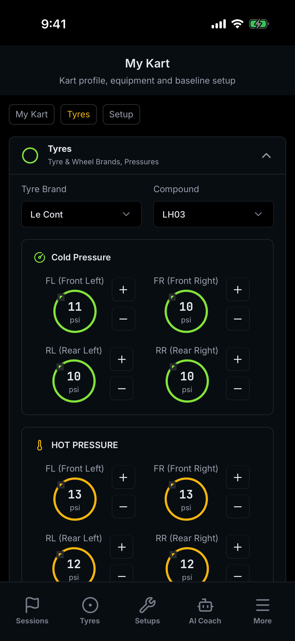 The Apex tyres screen on a phone: a Le Cont LH03 compound with a cold pressure grid reading 11 PSI at the front left and 10 PSI at the other three corners, and a hot pressure grid reading 13 PSI at the front and 12 PSI at the rear.