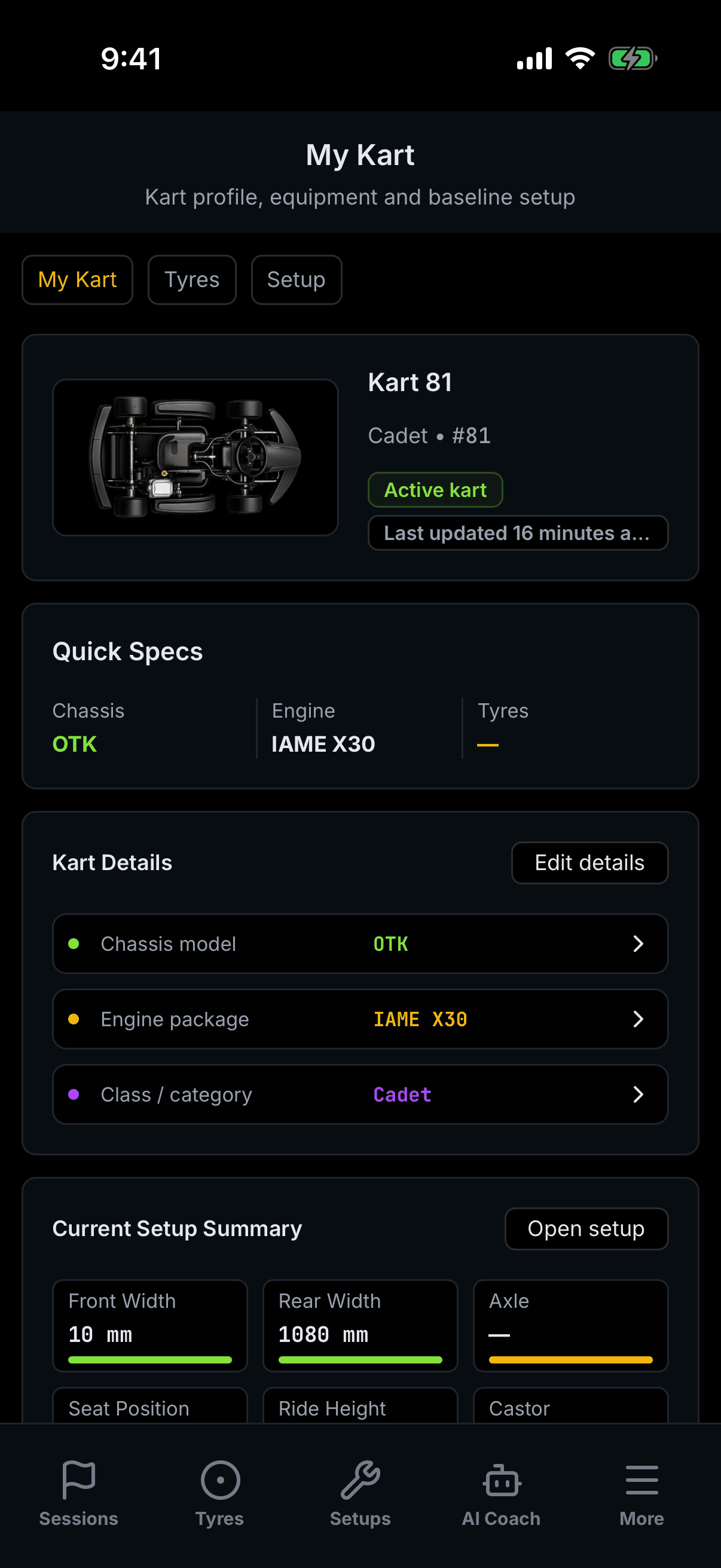 The Apex My Kart details card on a phone, listing the kart's chassis model, its engine package and the class it is registered in.
