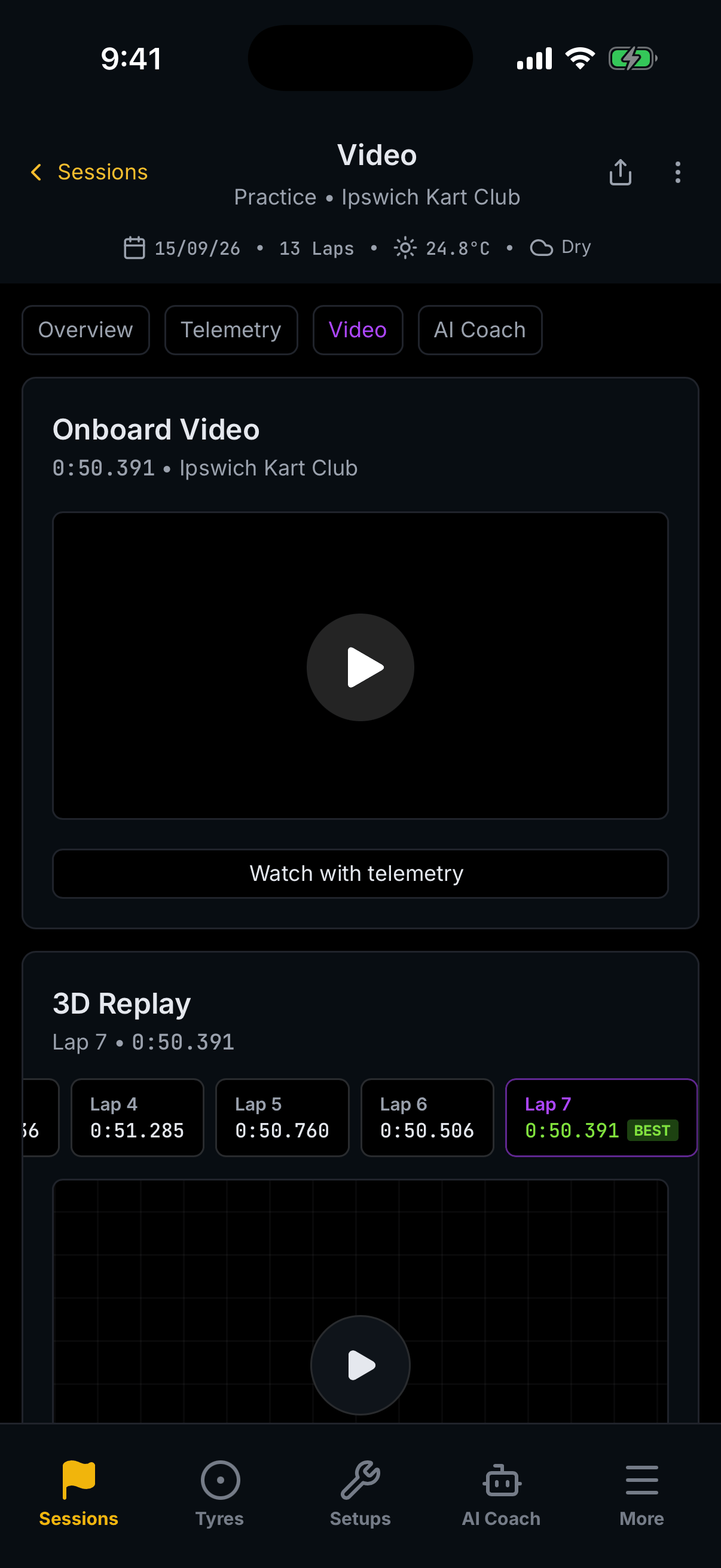 Apex onboard video on a phone: a video card for a 0:50.391 lap at Ipswich Kart Club, with a player and a Watch with telemetry control beneath it.