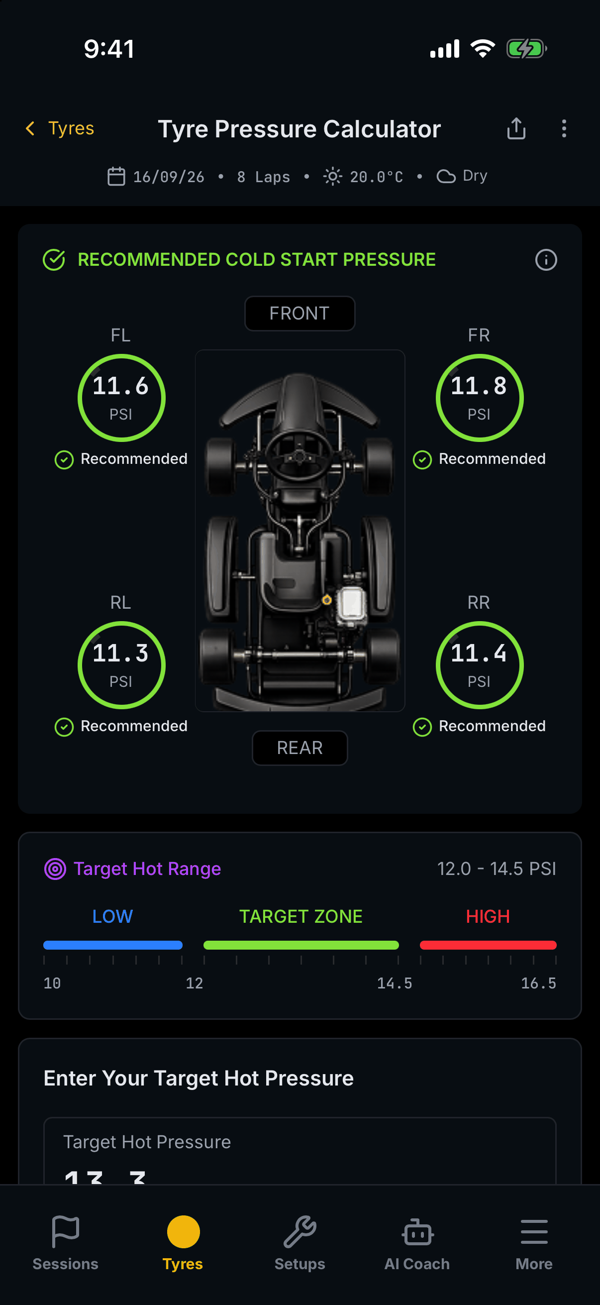The Apex tyre pressure calculator on a phone: a recommended cold start pressure of 11.6, 11.8, 11.3 and 11.4 PSI at the four corners, each marked Recommended, around a kart diagram.
